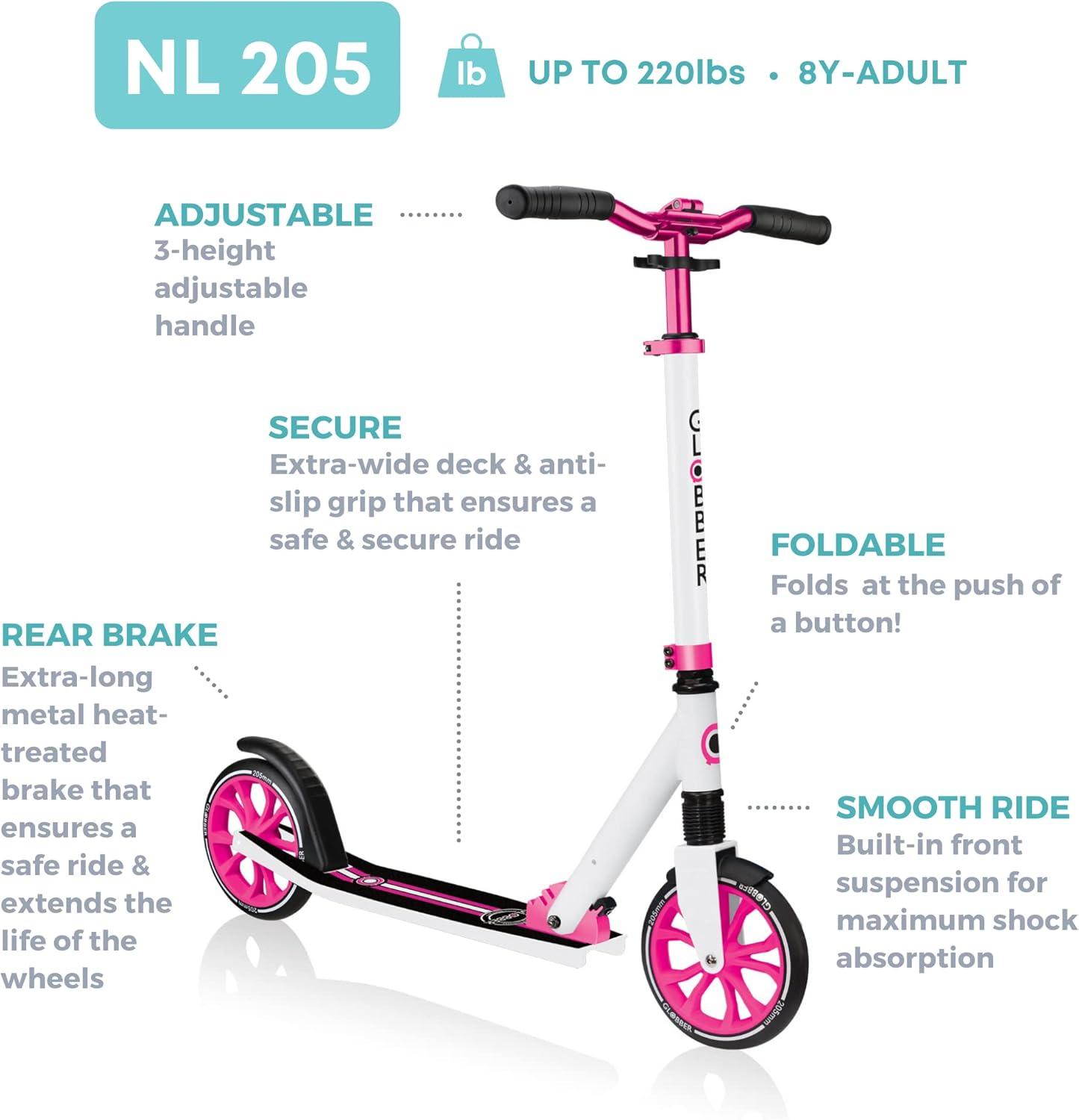 imageGlobber NL 205 Folding Scooter with 2 Wheels with Front Suspension for Children Aged 8White Pink