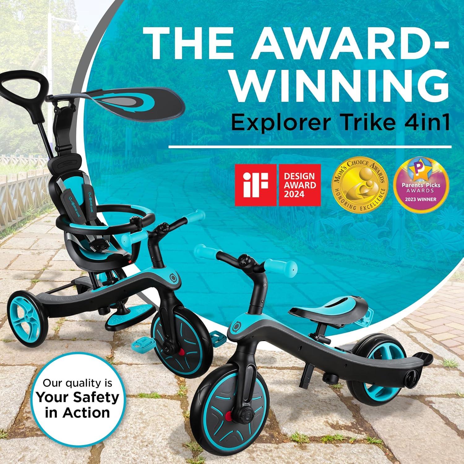 imageGlobber 4in1 Toddler Trike Push Bike Stroller Learning Tricycle for Toddlers Converts Into Balance Bike Safe Outdoor Ride On Toys for Kids PinkTeal